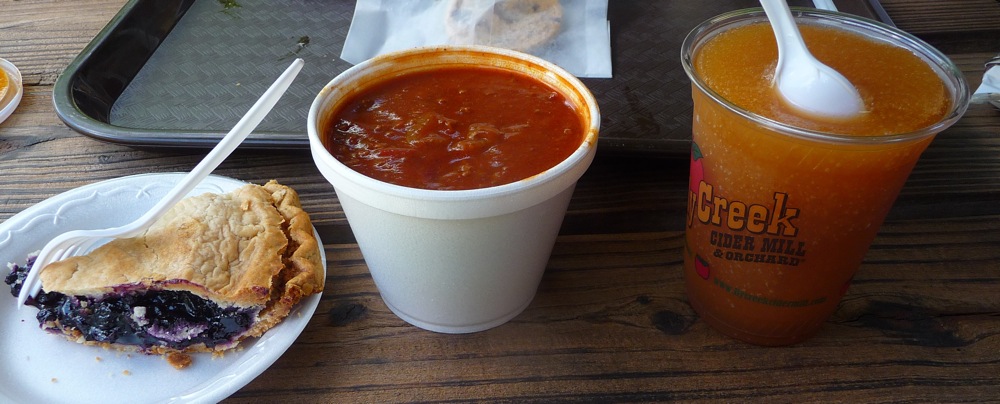 Pie, apple cider, chili and apple cider slush at the Fly Creek Cider Mill in Fly Creek NY.